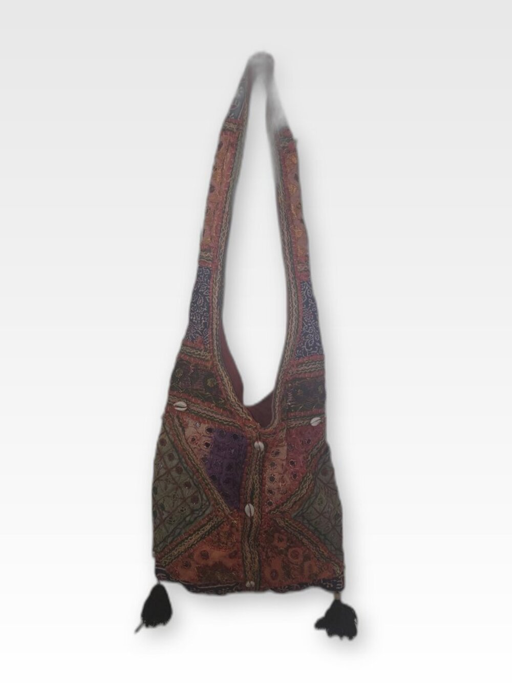Banjara Boho Embroidered Patchwork Crossbody Bag, Cowrie Shells, Mirror Work, Ta